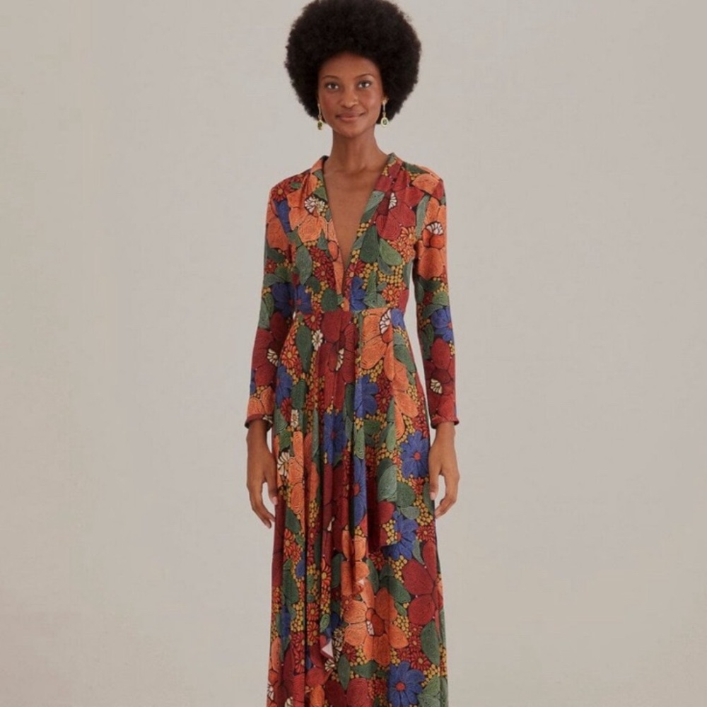 FARM Rio Stitched Flowers Black V Neck Maxi, XL